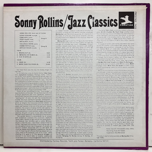 ■即決 JAZZ Sonny Rollins / Jazz Classics PRT-7433 j39786 米盤、草Stereo 刻印無 Moving Outの後発盤_画像2