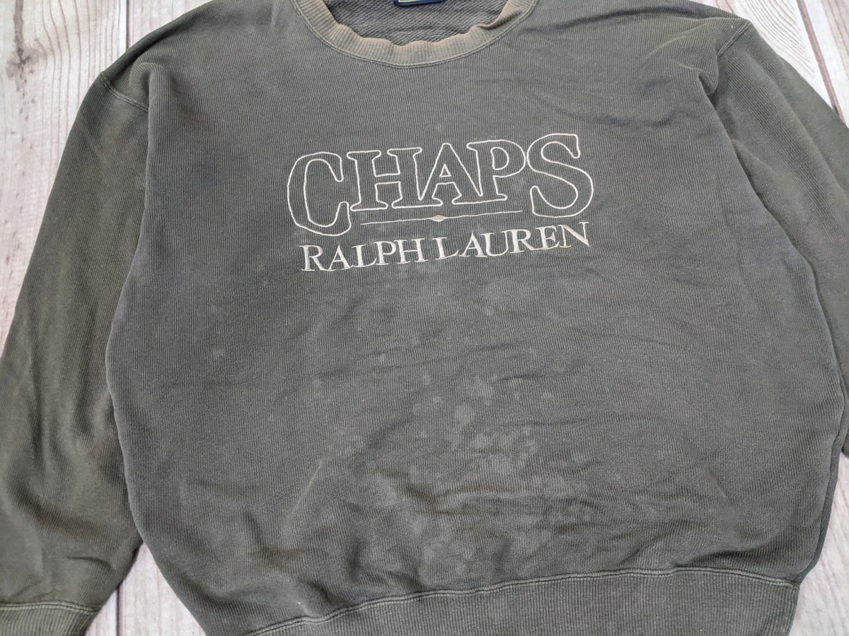 19．CHAPS RALPH LAUREN チャップス 日登美 コットンニットトレーナー メンズL カーキy609_画像2