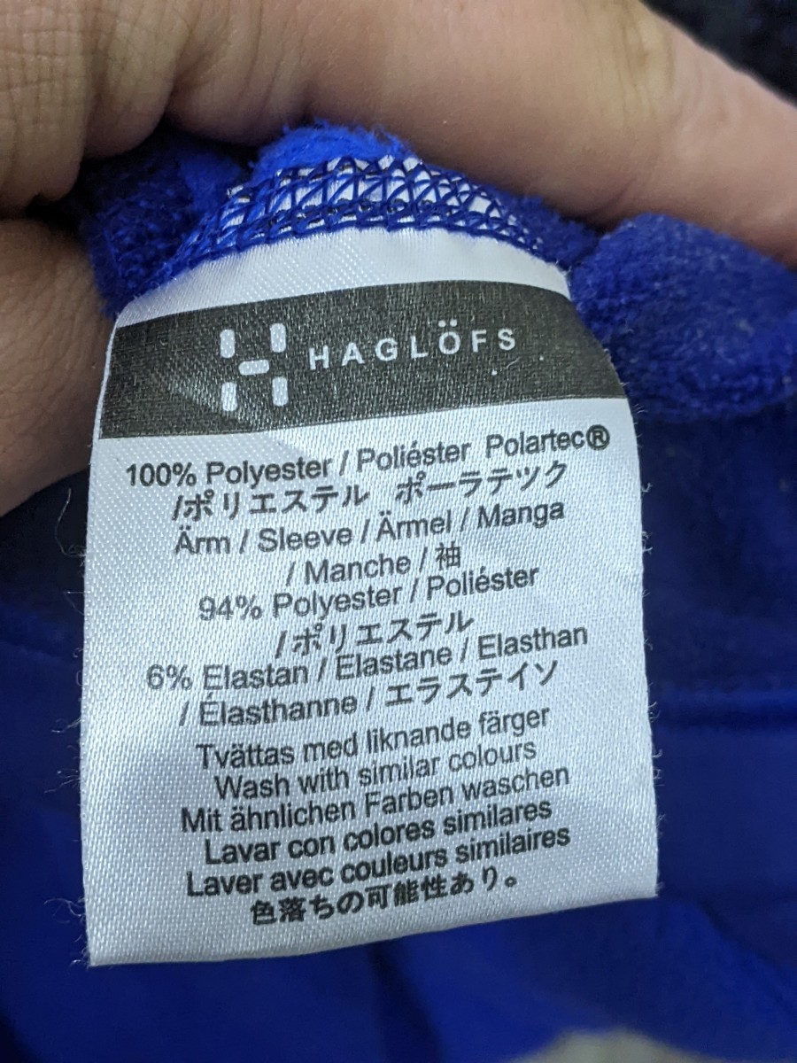 18．HAGLOFS POLARTEC ポーラテック ワンポイントロゴ サイドストレッチ素材切替 フリースブルゾンジャケット　メンズL青 青紫系x611_画像2