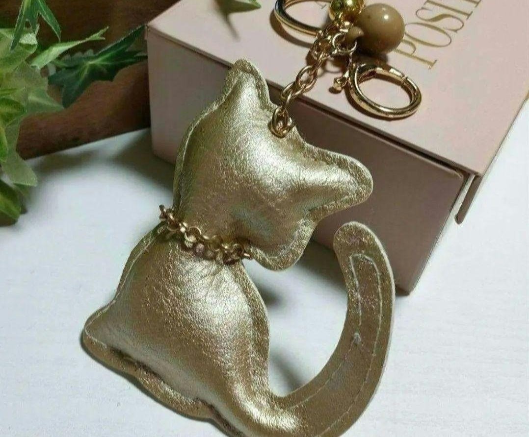 ◆送料無料◆　ネコ　2点セット　バッグチャーム　シャンパンゴールド　ネイビー　猫　ねこ　ツイード　キーホルダー 可愛い ゴールド