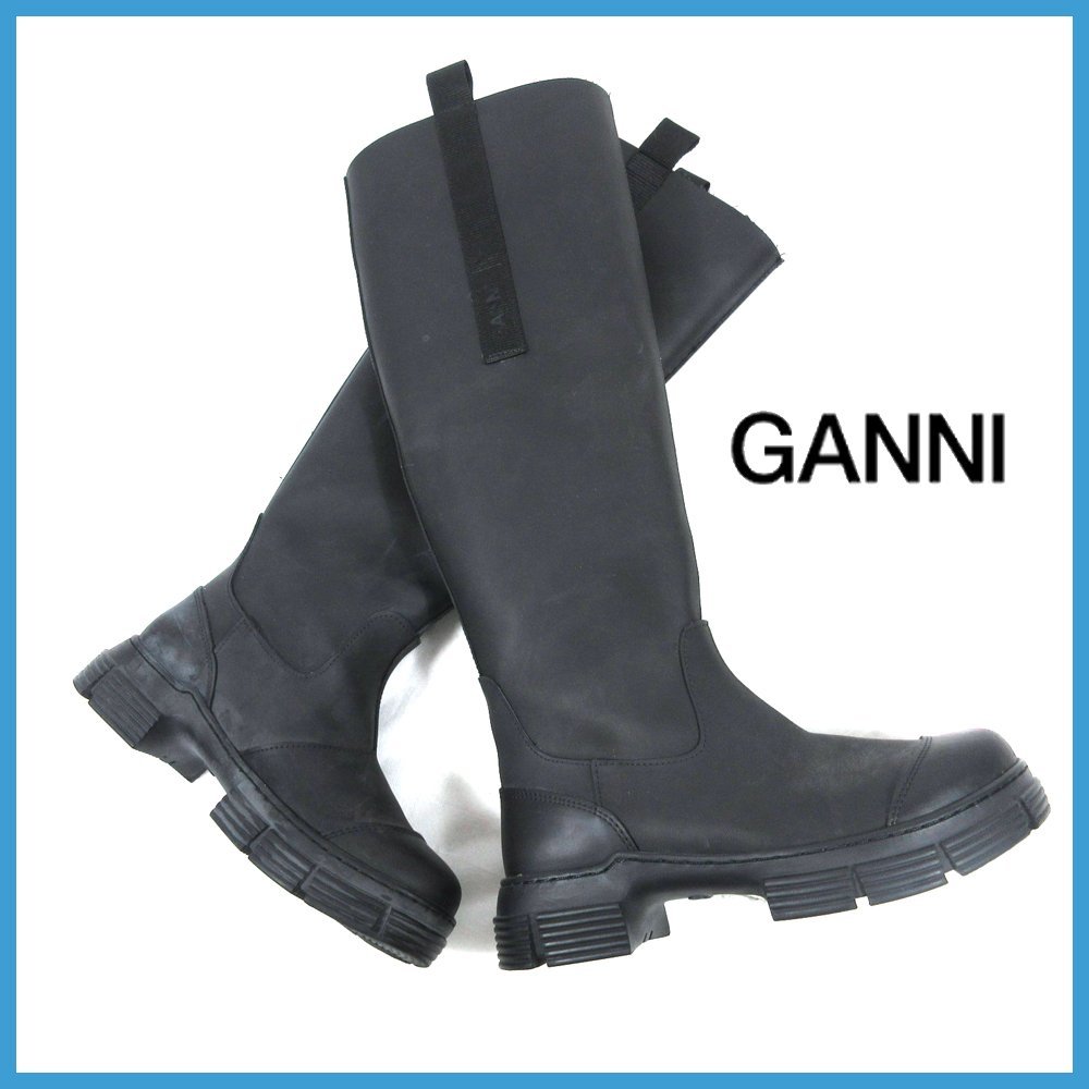 =*GANNI(ga knee ) long boots! recycle Raver! black!23.5~24cm corresponding regular price 4 ten thousand 