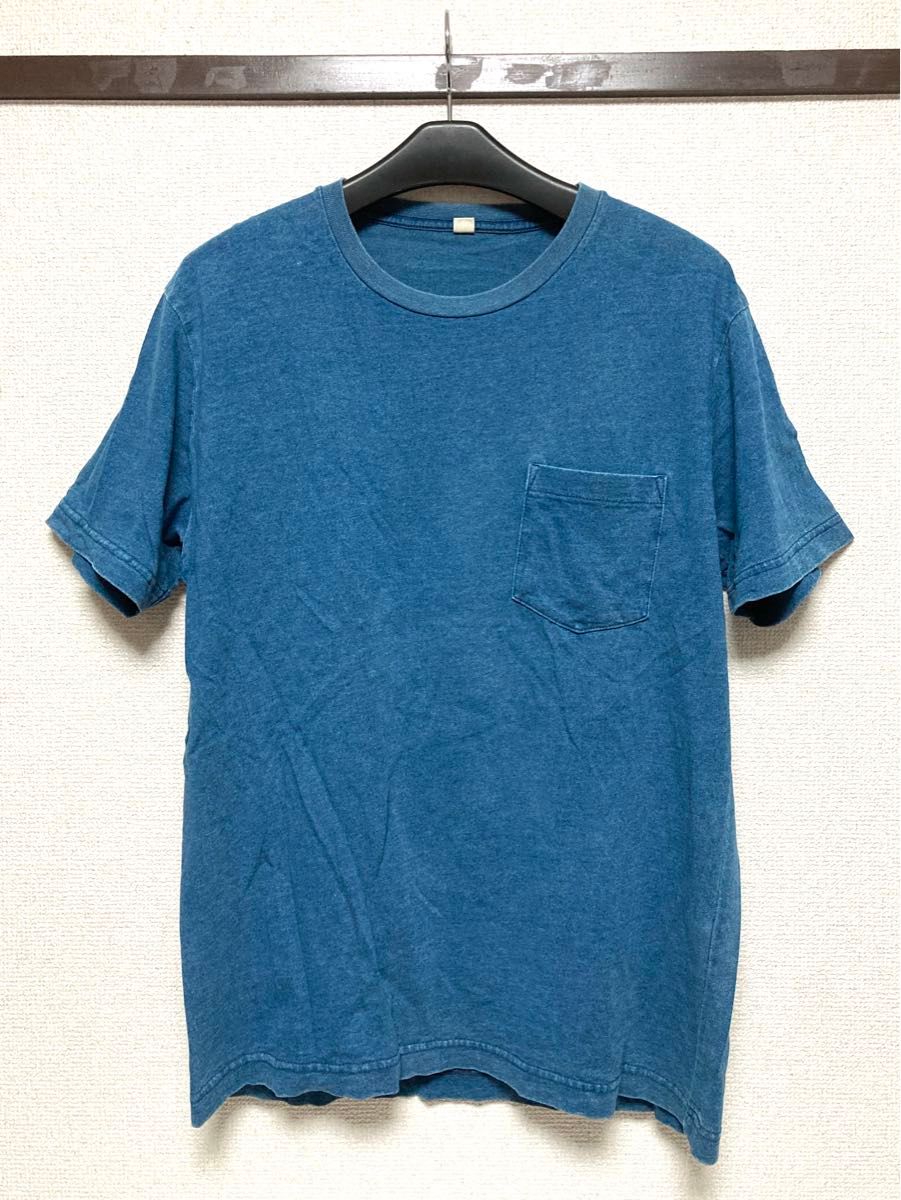 UNIQLO 青 インディゴ クルーネック Tシャツ L ユニクロ Blue ブルー マリンカラー ポケット ポケT 