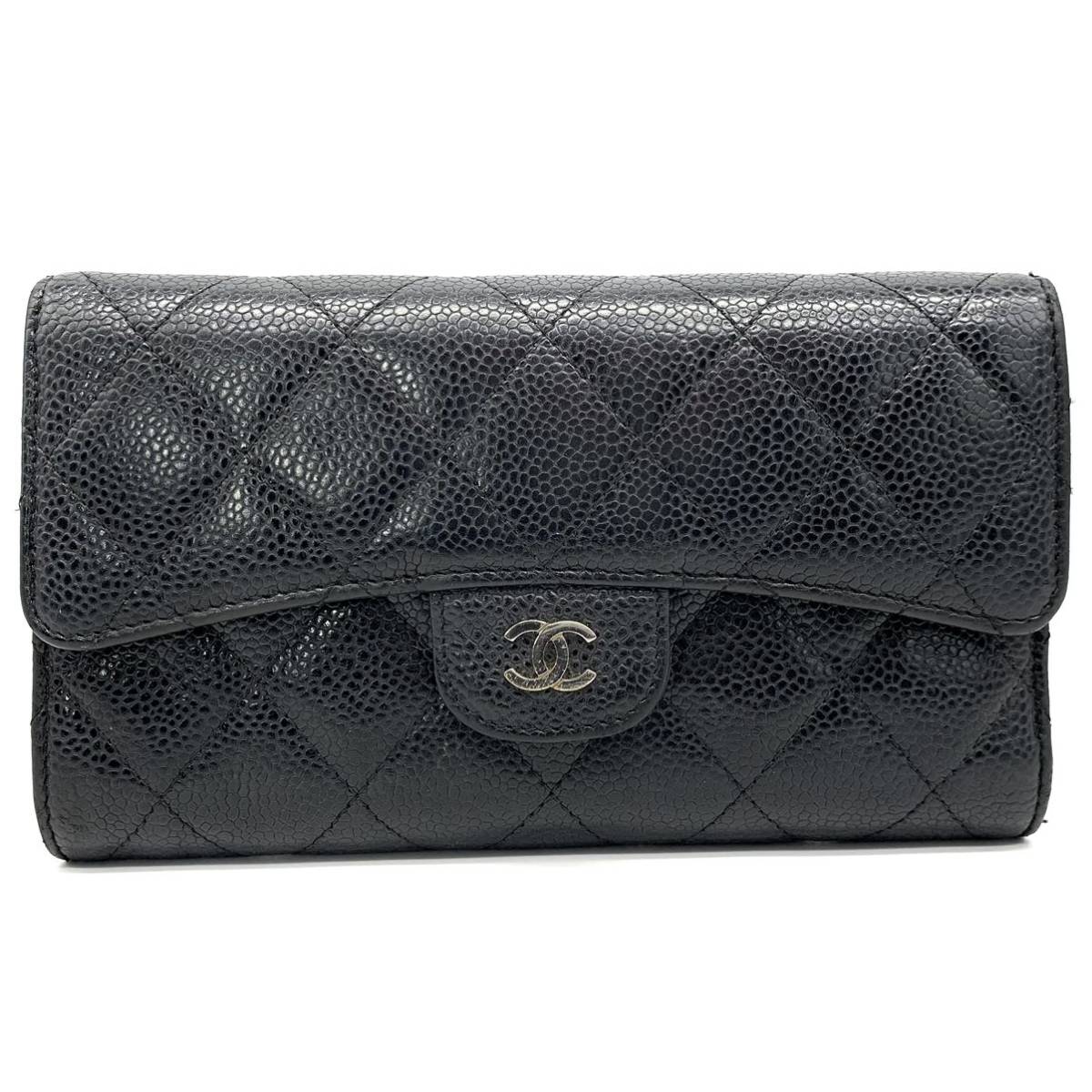 1円●美品●CHANEL シャネル キャビアスキン マトラッセ ココマーク ラウンドフラップ長財布 サイフ シルバー金具 レザー 黒 レディース_画像2