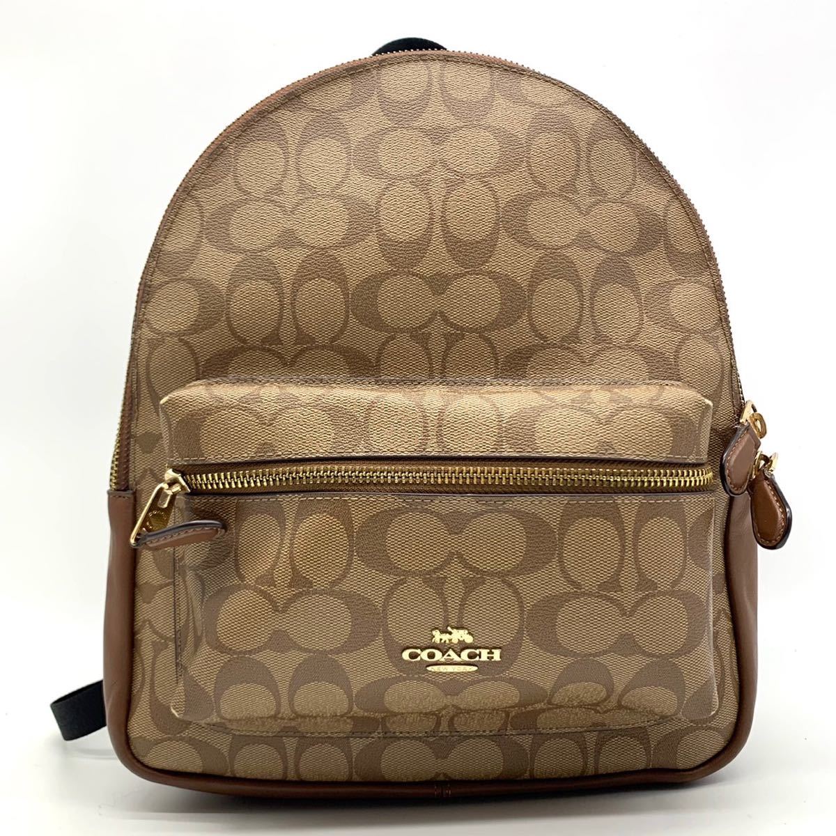 1円●高級品●COACH コーチ PVC シグネチャー リュックサック バックパック ハンドバッグ レザー ゴールド金具 ベージュ系 レディース_画像2