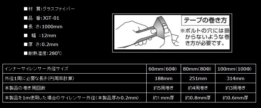 【振動音低減！】JDM インナーサイレンサー用グラスファイバーテープ（JGT-01）★耐熱温度：約280℃/幅12mm×長さ1000mm×厚み0.2mm_※製品データ