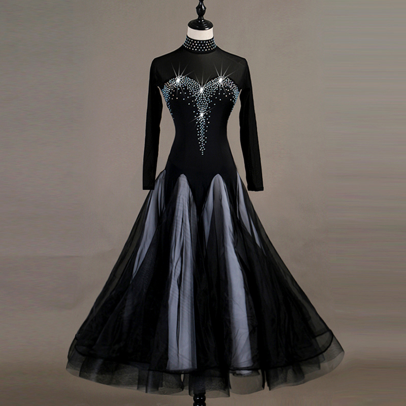 最も  新作　女性社交ダンス衣装　ロングワンピース　ダンスドレス　上品　黒色　サイズS～XXL　調整可能 社交ダンス