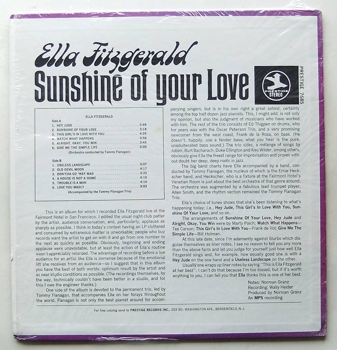 ◆ ELLA FITZGERALD / Sunshine of Your Life ◆ Prestige PRST 7685 (blue:DBH) ◆_画像2