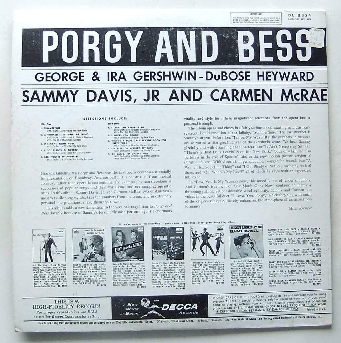 ◆ SAMMY DAVIS, JR and CARMEN McRAE / Porgy and Bess ◆ Decca DL 8854 (black:dg) ◆_画像2