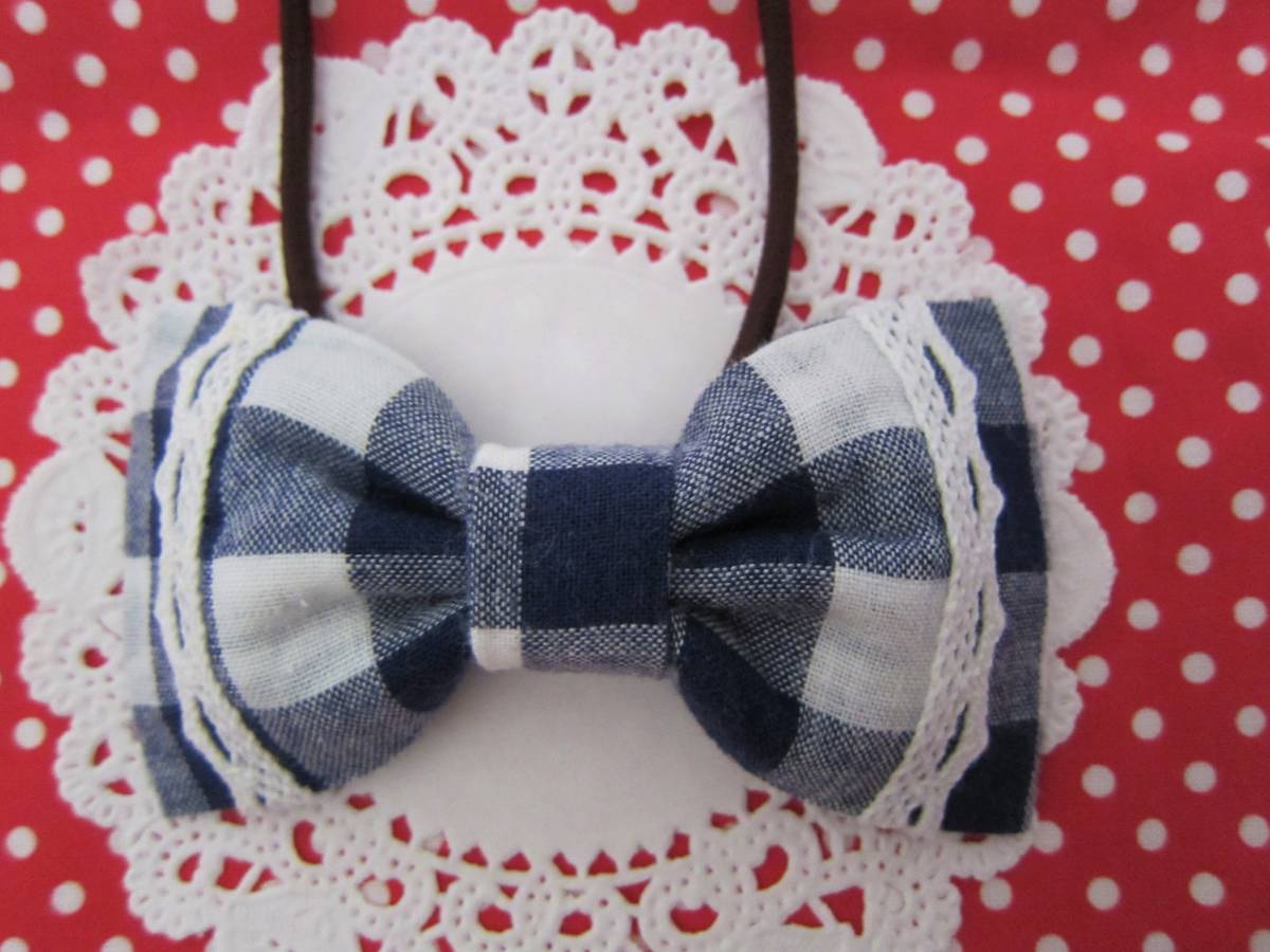 * hand made * hair elastic * ribbon * race * silver chewing gum check * navy blue color * largish ribbon * postage 120 jpy 