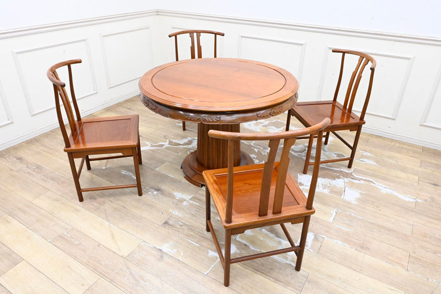 IL29 購入85万円 花梨 唐木 総無垢 彫刻 ダイニングセット 食卓テーブル 食卓机 椅子4脚 5点の画像1