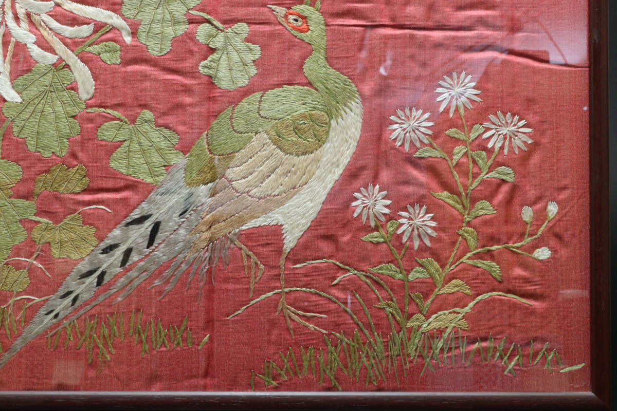 M 中国 花鳥図 刺繍画 額装_画像5