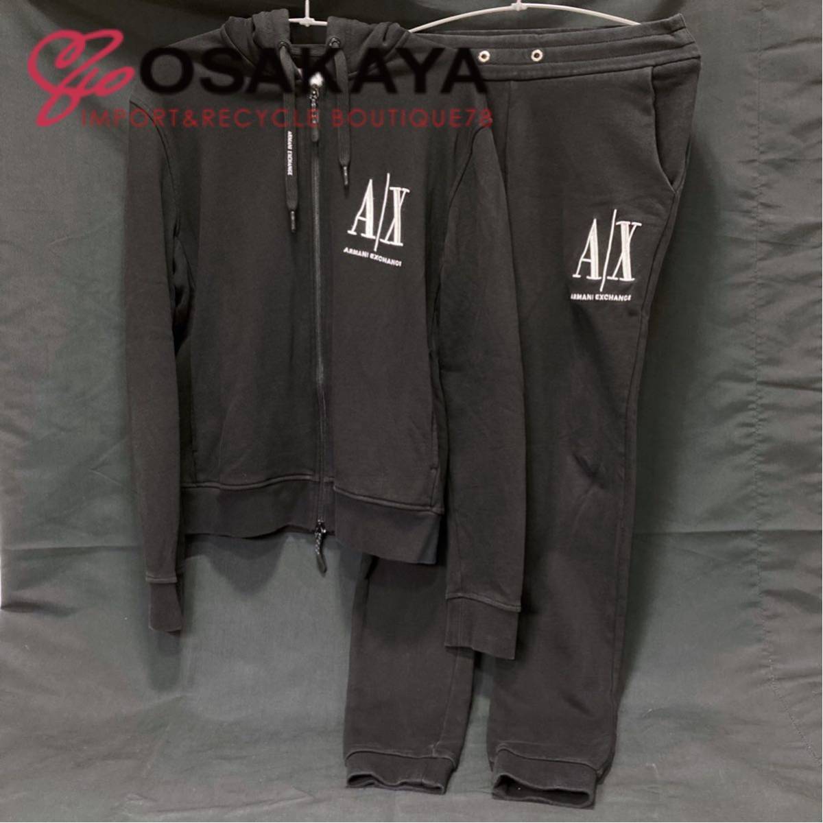 中古 ARMANI EXCHANGE スウェット セットアップ XS ブラック コットン アルマーニ エクスチェンジ パーカー ジップアップ パンツ 長袖 黒_画像1