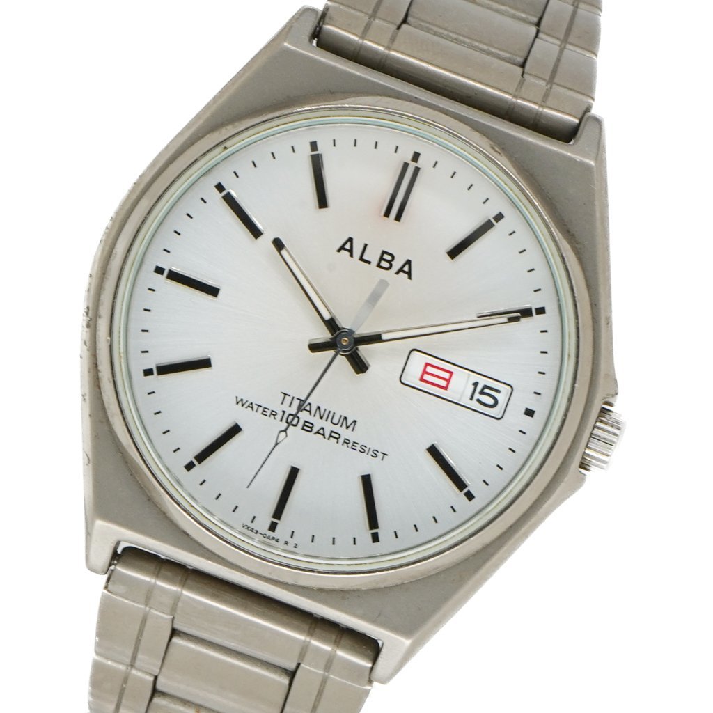 1円 稼働 SEIKO セイコー ALBA アルバ TITANIUM 白 シルバー 銀 文字盤 QZ デイト ラウンド 腕時計 クオーツ ウォッチ 正規品 122520231229_画像1