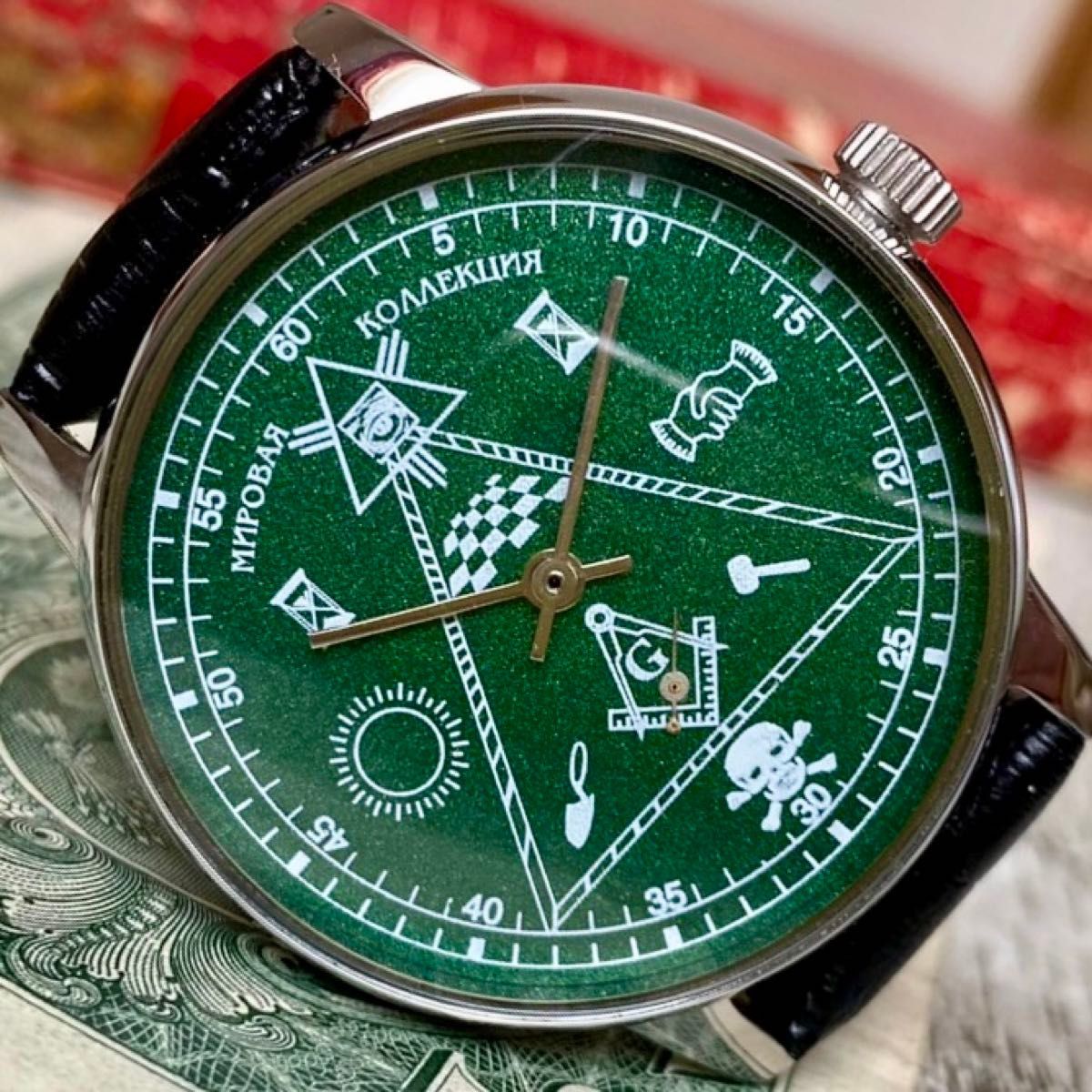【極美品】★送料無料★ ジム ZIM フリーメイソン メンズ腕時計 グリーン 手巻き ヴィンテージ アンティーク