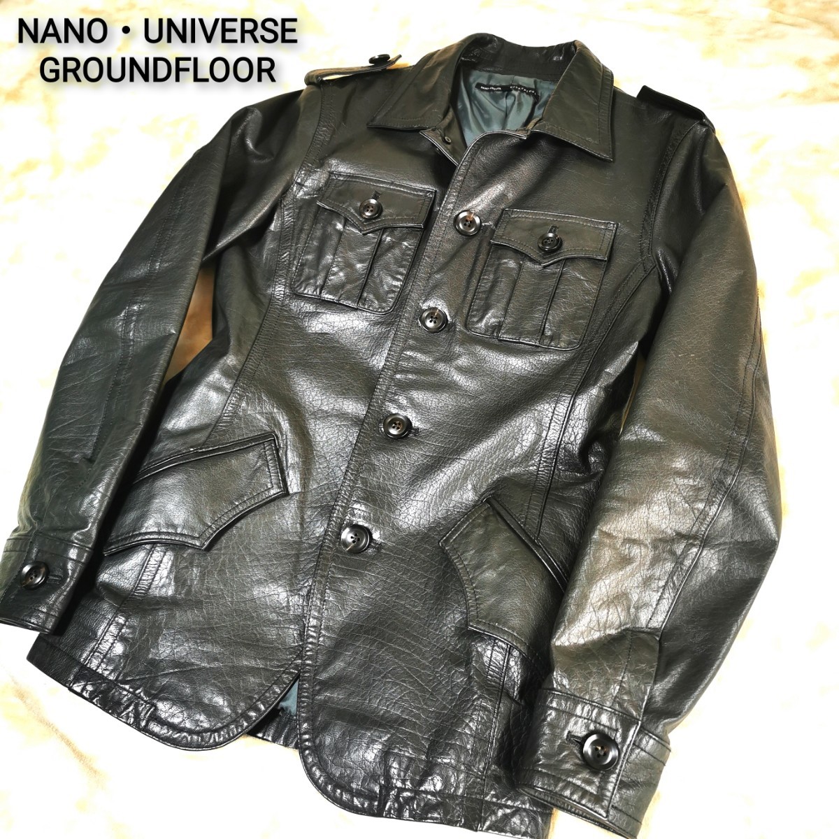 ナノ・ユニバース グラウンドフロアー(NANO・UNIVERSE ROUNDFLOOR)牛革(バッファロー)本革レザー ジャケット ライダース 予備ボタン/レザー_画像2