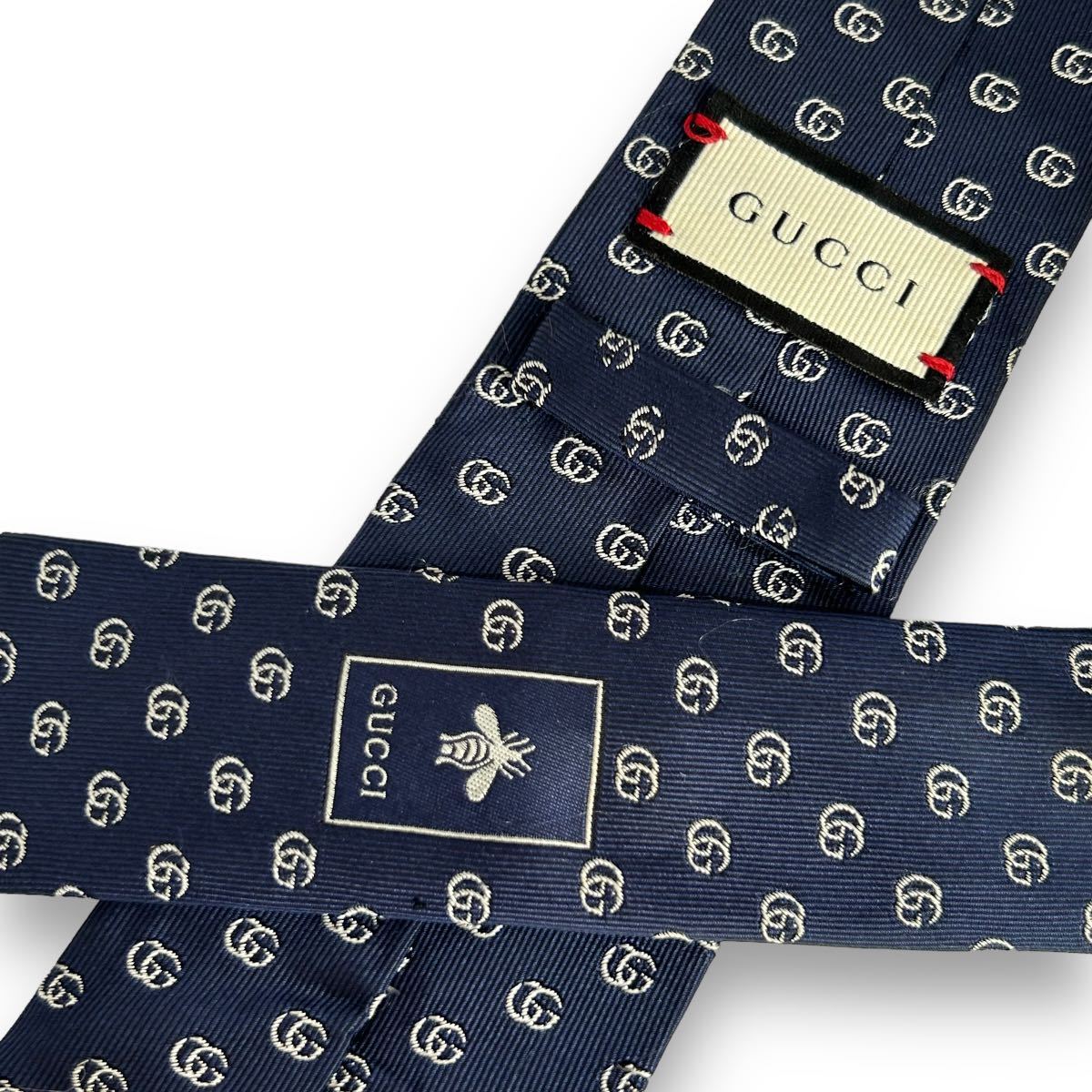 1円 美品 GUCCI グッチ 現行 ネクタイ マーモント GG柄 蜂 ハチ bee シルク 濃紺色 ネイビー 青系 ブルー 青色 紳士服 スーツ メンズ 高級 _画像4