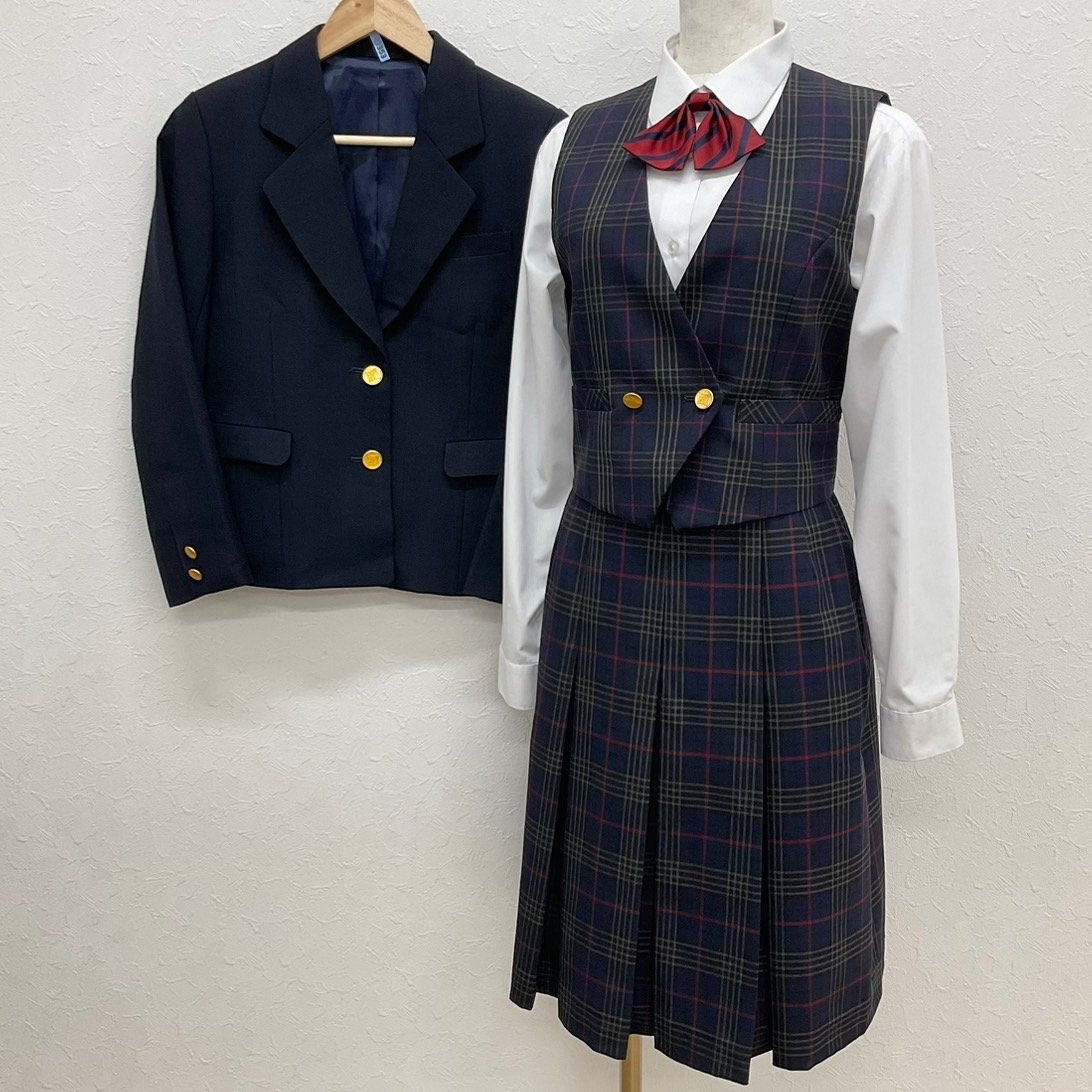 U375/S1040(中古)北海道 北陽中学校 女子制服5点 /旧制服/小さめ/150A/165/W63/ブレザー/ベスト/ブラウス/冬スカート/リボン/チェック柄/