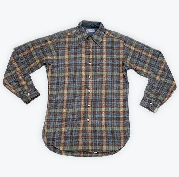 70's 米国製 ペンドルトン Pendleton ウールシャツ レギュラーカラー 片ポケット チェック ブラウン サイズ表記S [ta-0970]_画像1