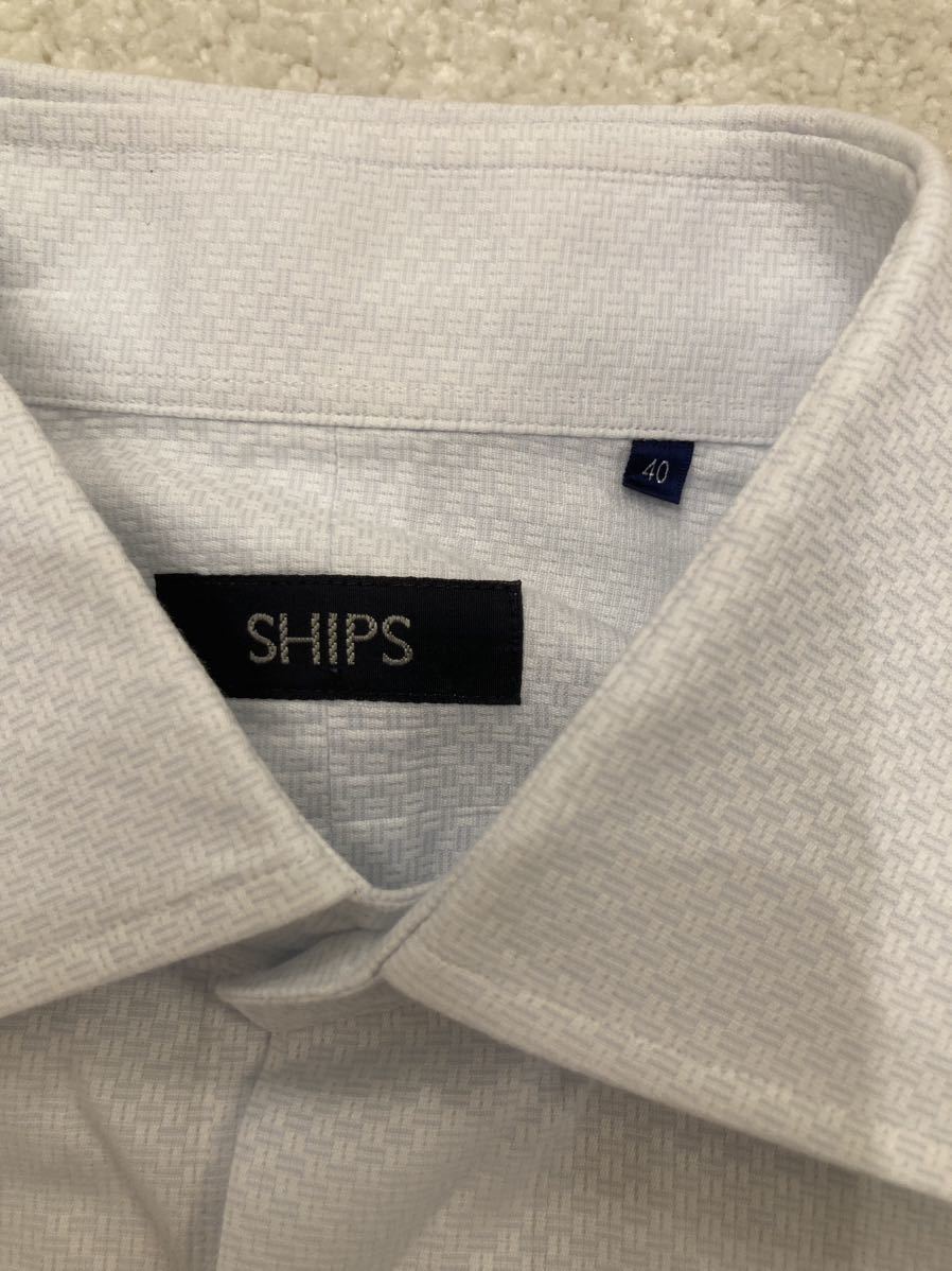 №100 SHIPS日本製淡サックスブルー地柄ワイドシャツ40_画像5