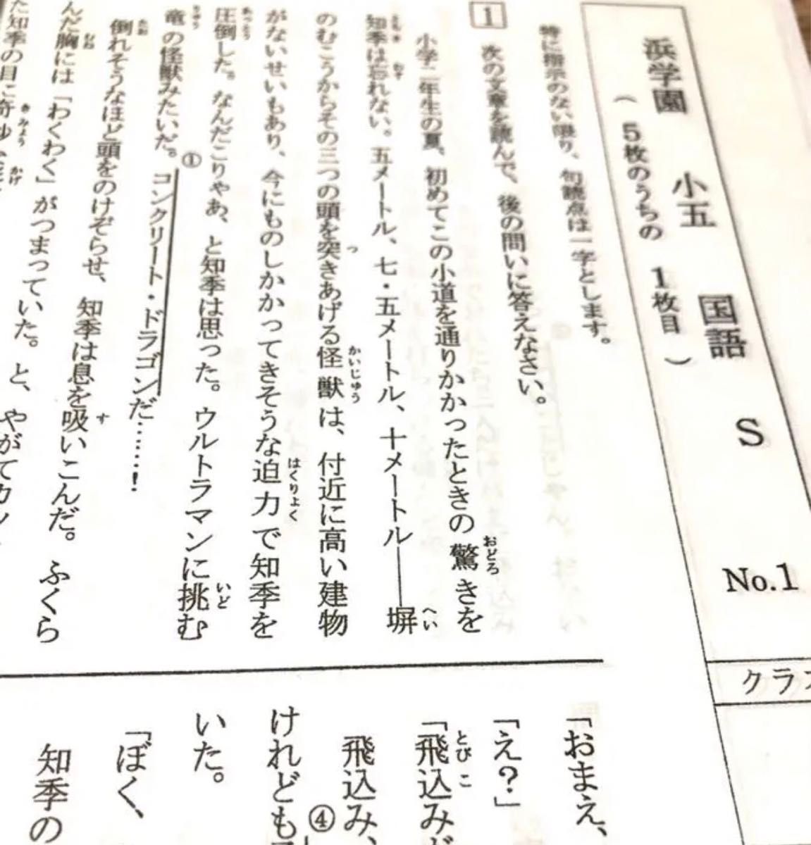 浜学園　小5 国語　算数　理科 Sクラス復習テスト　 解答、解答用紙あり　