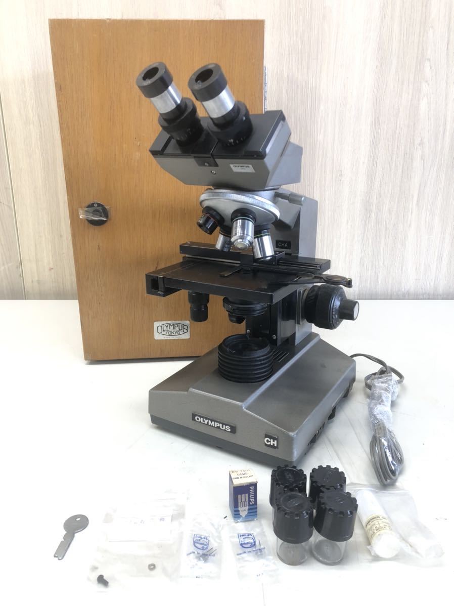 (EA34) ジャンク扱い☆ OLYMPUS 顕微鏡 CHA-223-LB 対物レンズ 付属品多数 光学機器_画像1
