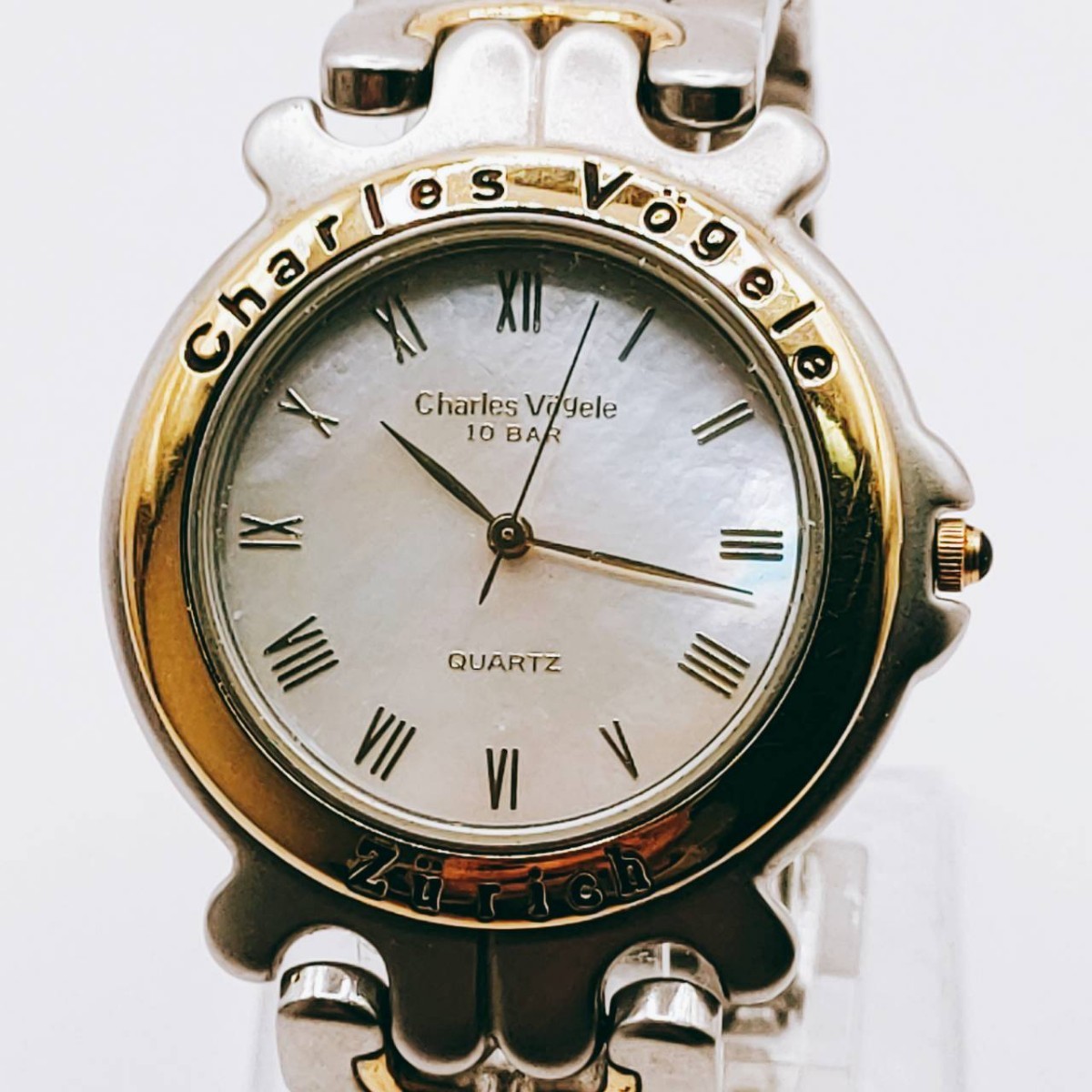 #1 Charles Vogele シャルルフォーゲル 腕時計 アナログ 3針 シェル色文字盤 シルバー基調 時計 とけい トケイ アクセサリー ヴィンテージ_画像1