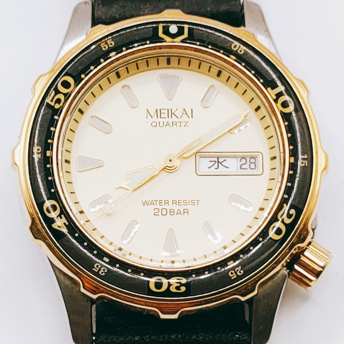 #91 CASIO MEIKAI カシオ 明海大学 腕時計 アナログ 3針 金色文字盤 ゴールド基調 メンズ 時計 とけい トケイ アクセサリー ヴィンテージ_画像1