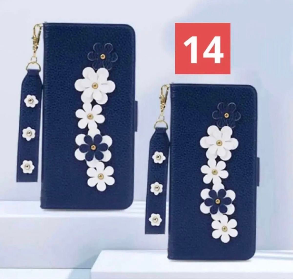 iPhone14 ダックブルー 手帳型ケース  ディジー  カード収納  可愛い　桜　バステルフラワー　オシャレ　
