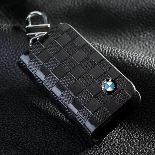 BMW チェック柄　高品質 スマートキーケース　キーホルダー 本革 カラビナ付 メンズ レディース 鍵収納　愛車のカギを守る