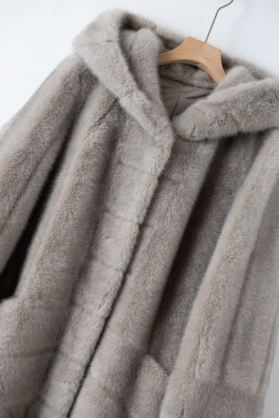 新品暖かいレディースミンクコートゆったりフード毛皮ジャケットグレーXL_画像2