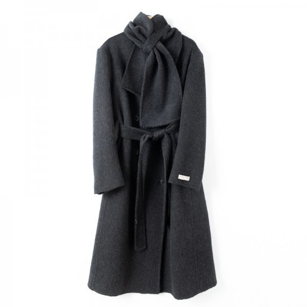 新品暖かいレディースウールコートスカーフ付きジャケット濃いグレーM