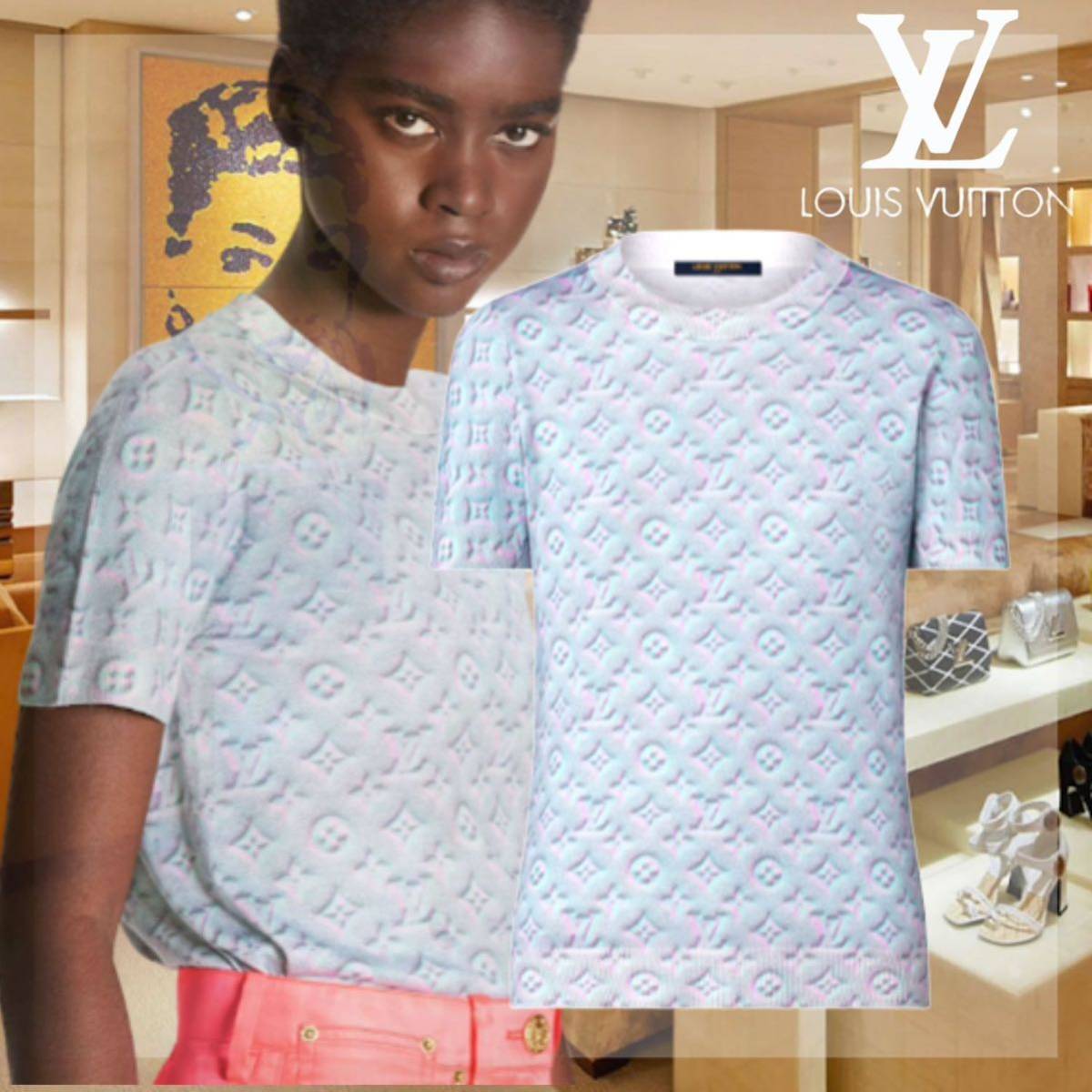 【未使用品】LOUIS VUITTON ルイヴィトン 最高級 カシミヤ 3Dグロー モノグラム ニット トップ Tシャツ size M 即完売品 レディース_画像2