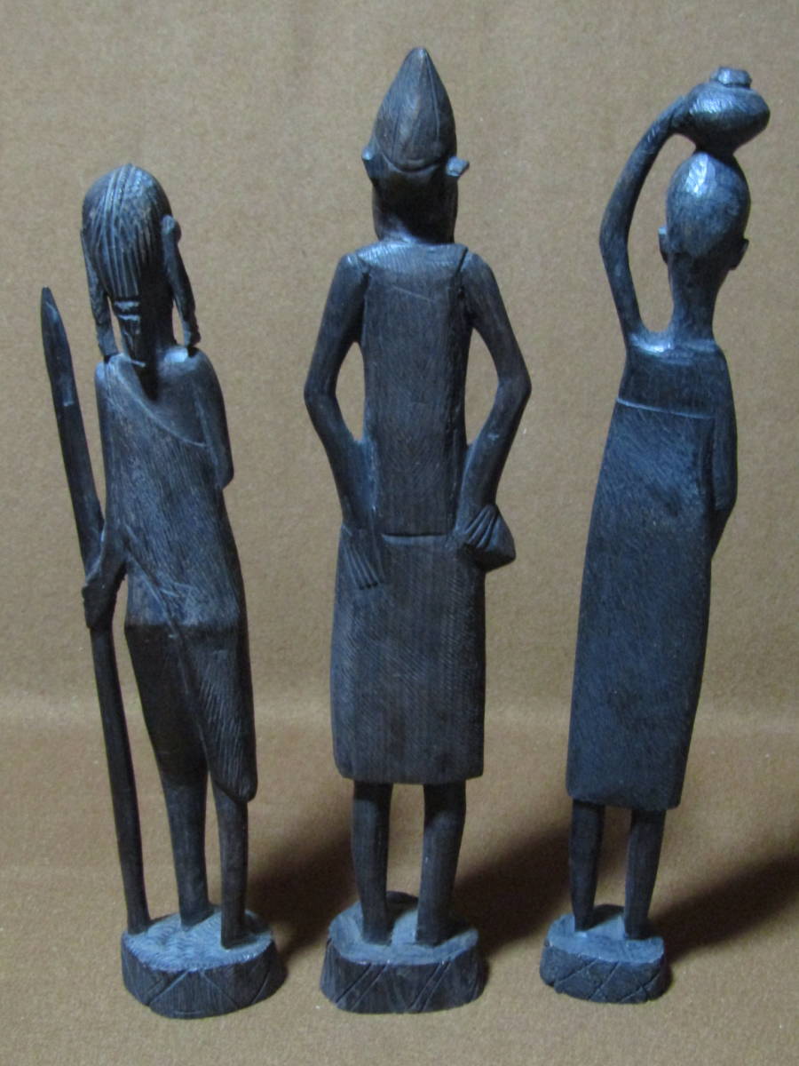 【アフリカ木彫　人物　三体　ケニア　３８cm】外国土産_画像3