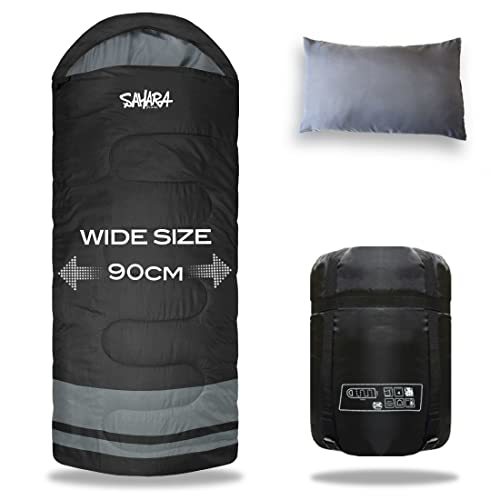 【fieldsahara】 寝袋 シュラフ ワイドサイズ 枕付き 210T 封筒型 冬用 コンパクト -15℃ (ブラック)
