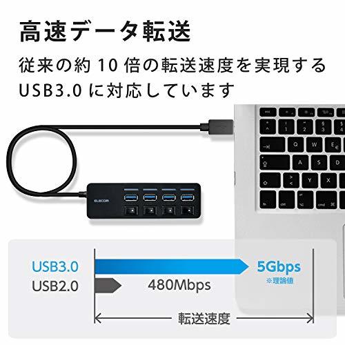 エレコム USBハブ U3H-S418BBK/EC USB3.0 Aポート×4 バスパワー マグネット・スイッチ付 ケーブル長1.0m ブラック_画像4