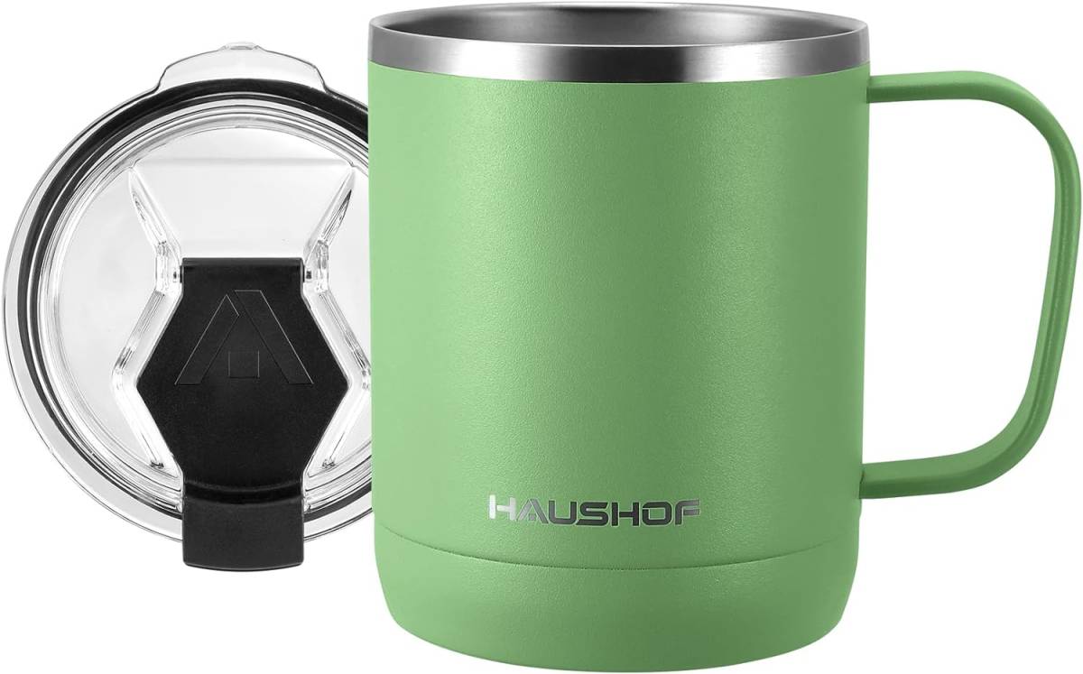 オリーブグリーン HAUSHOF ステンレスマグカップ 真空断熱コーヒーカップ ふた付き 300ml 保温・保冷カップ 二重構造 _画像1