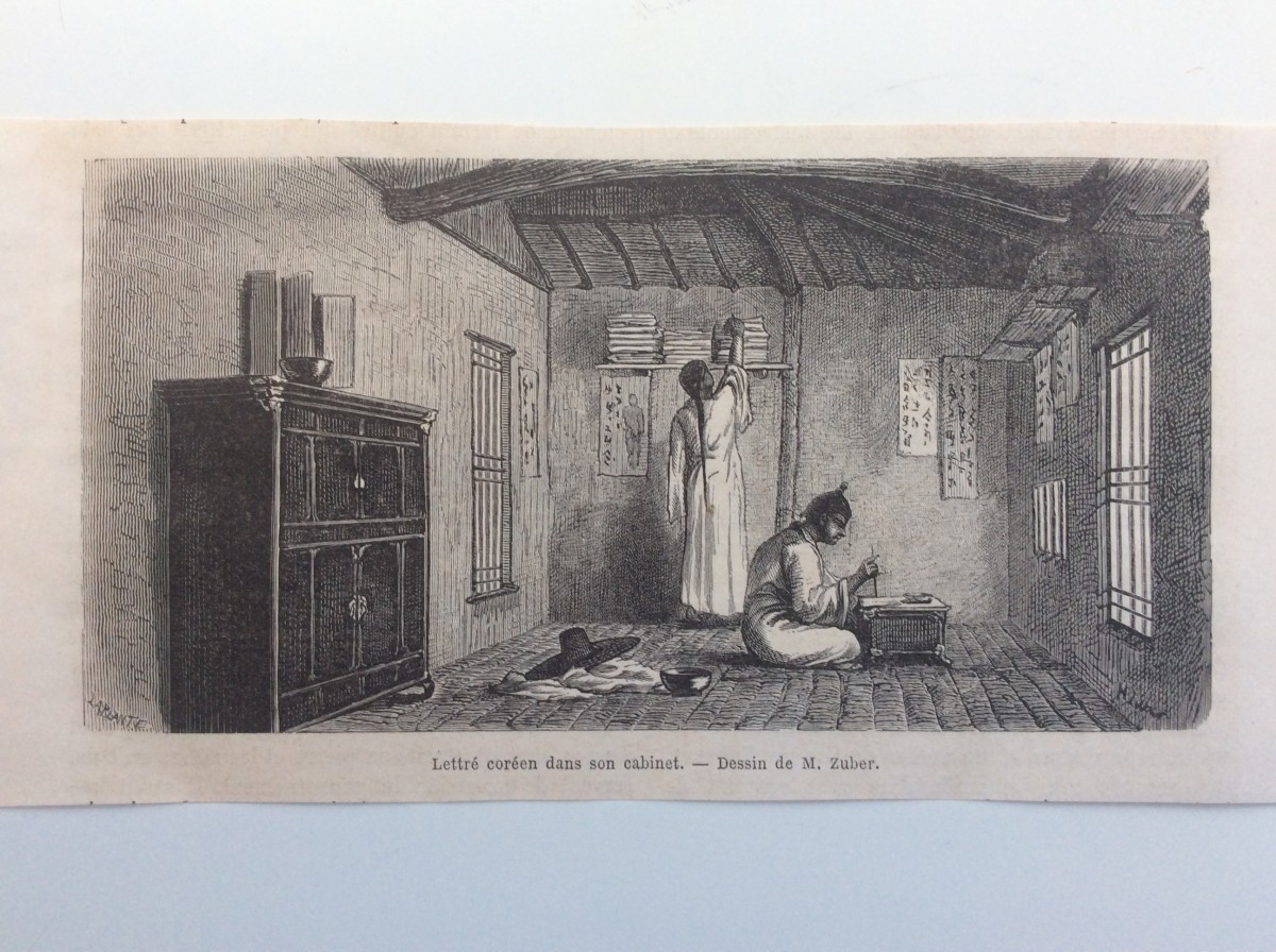 1866年 文士の書斎 朝鮮 江華島 丙寅洋擾 アンリ ジュウベル画 オリジナル木_画像1