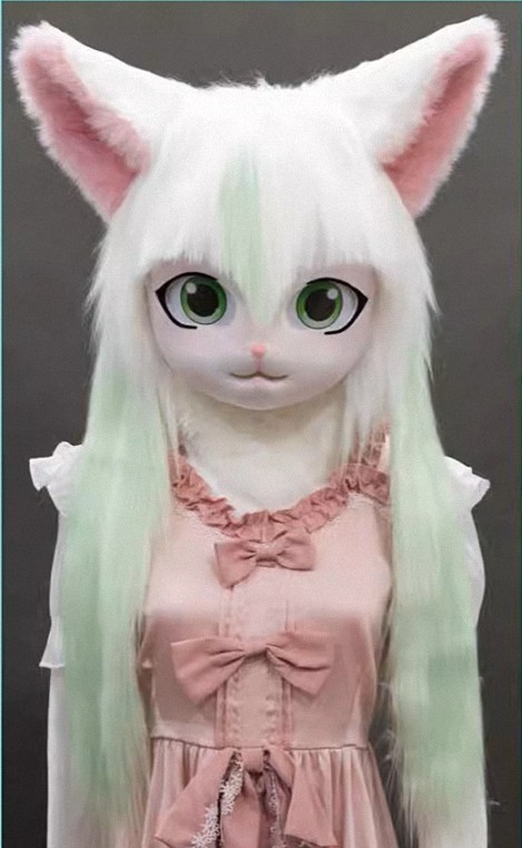 着ぐるみヘッド 猫 白と若緑 全頭ヘッド ケモノ マスク ファースーツ ぬいぐるみ コスプレ コスチューム