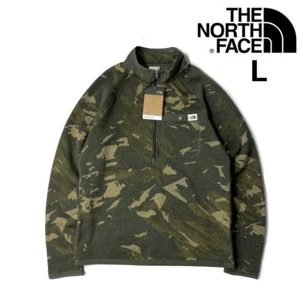 1円～!売切!【正規新品】THE NORTH FACE PRINT GORDON LYONS 1/4ZIP フリース US 登山 厚手ニット アウトドア(L)カーキ 迷彩柄 181024-40_画像1