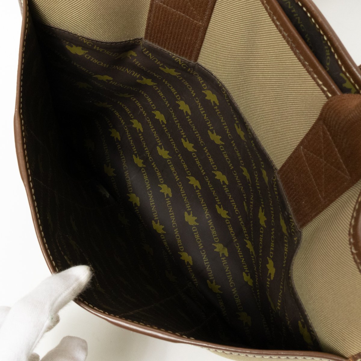 【1円スタート】HUNTING WORLD ハンティング・ワールド イタリア製 トートバッグ 肩掛け カーキベージュ ブラウン キャンバス レザー 鞄_画像6