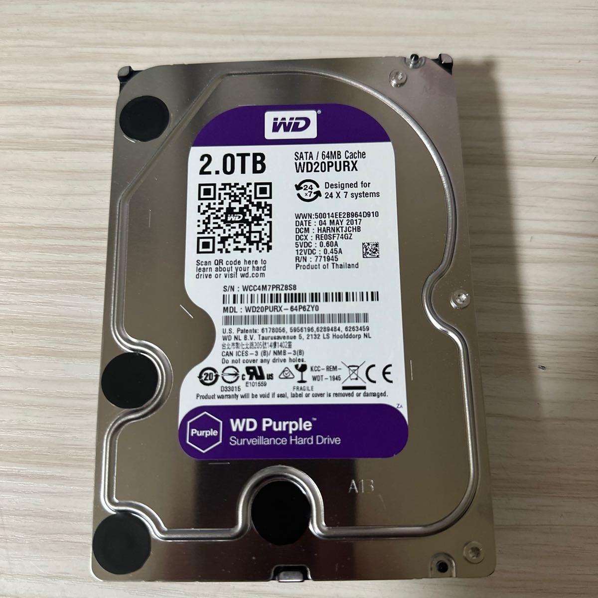 X505:【動作保証/使用0時間/AVコマンド対応】WDC WD20PURX-64P6ZY0 3.5インチHDD SATA 2TB 2000GB_画像1