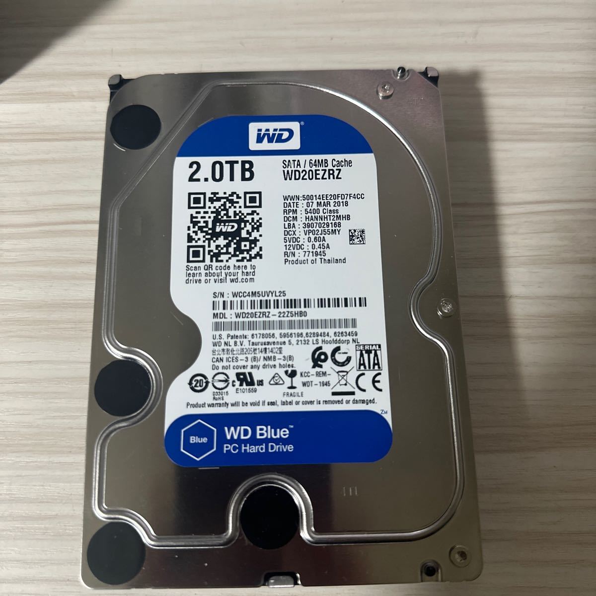 X526:【動作保証/使用0時間】Western Digital WD 2TB WDC WD20EZRZ-22Z5HB0 3.5インチHDD_画像1