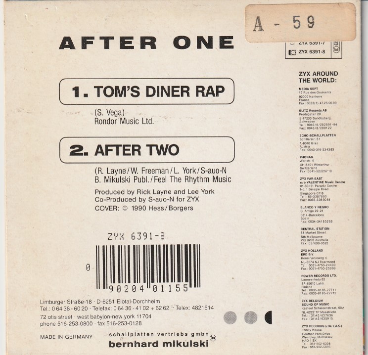 独CD★After One★Tom's Diner Rap／After Two（Suzanne Vega）★90年★ZYX6391-8★試聴可能の画像3