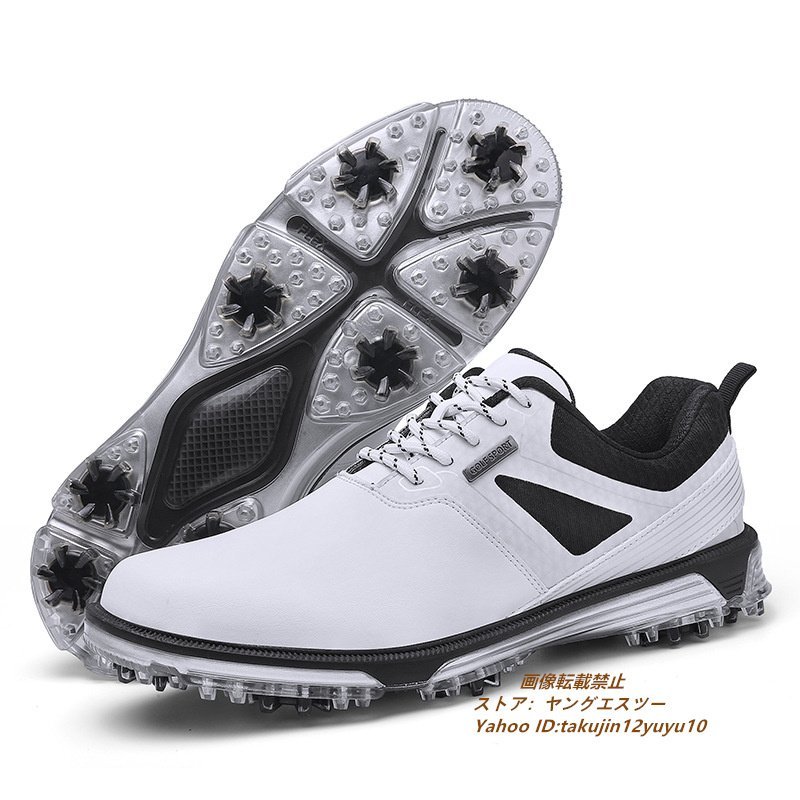 高級品 メンズ ゴルフシューズ 運動靴 フィット感 スポーツシューズ スパイク 強いグリップ 軽量 弾力性 通気性 防滑耐磨 撥水 白 28.5cm