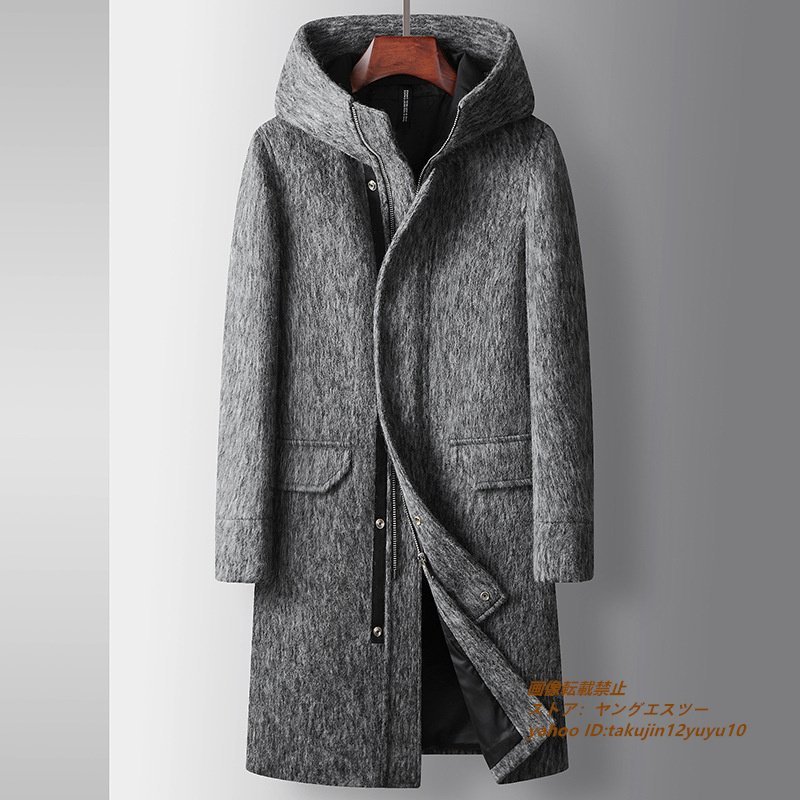 定価14万 メンズコート ロングコート 紳士 ウールコート 防寒 フード付き ビジネスコート 厚手 チェスターコート 無地 アウター グレー XL