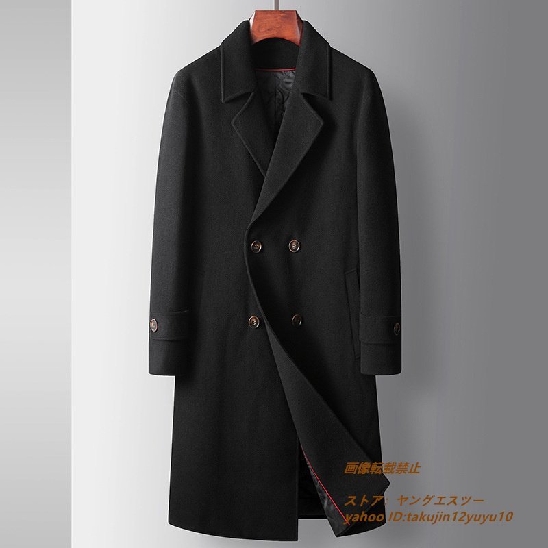 新品 メンズコート 紳士 ロングコート 厚手 ウール カシミヤコート ダブルボタン ビジネスコート チェスターコート アウター ブラック 3XL