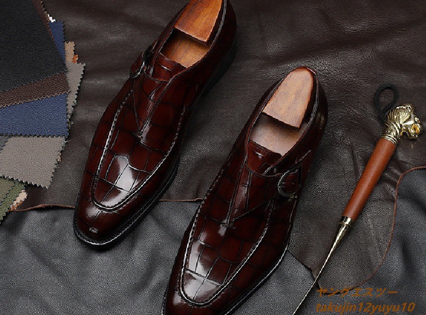 新品特売◆ビジネスシューズ メンズシューズ レザーシューズ 革靴 モンクストラップ 職人手作り 紳士靴 ワインレッド 25.5cm_画像5