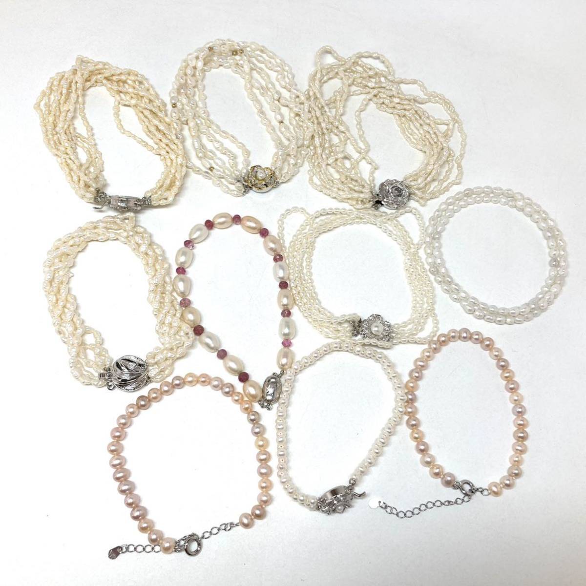 石付!!［淡水パールブレスレット10点おまとめ］j 重量約131.0g 真珠 ケシ ポテト ベビーパール pearl bracelet jewelry pink silver DA0_画像2