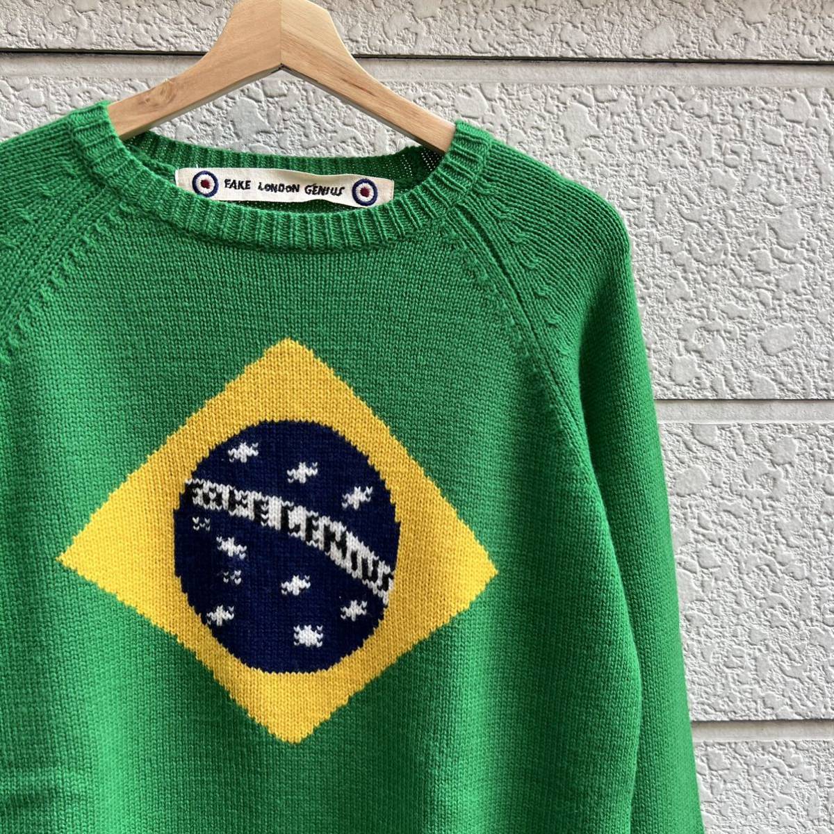 USED ユーロ古着 緑 ウールニット セーター デザインニット ブラジル柄 FAKE LONDON GENIUS euro vintage ヴィンテージ 国旗柄 Lサイズ