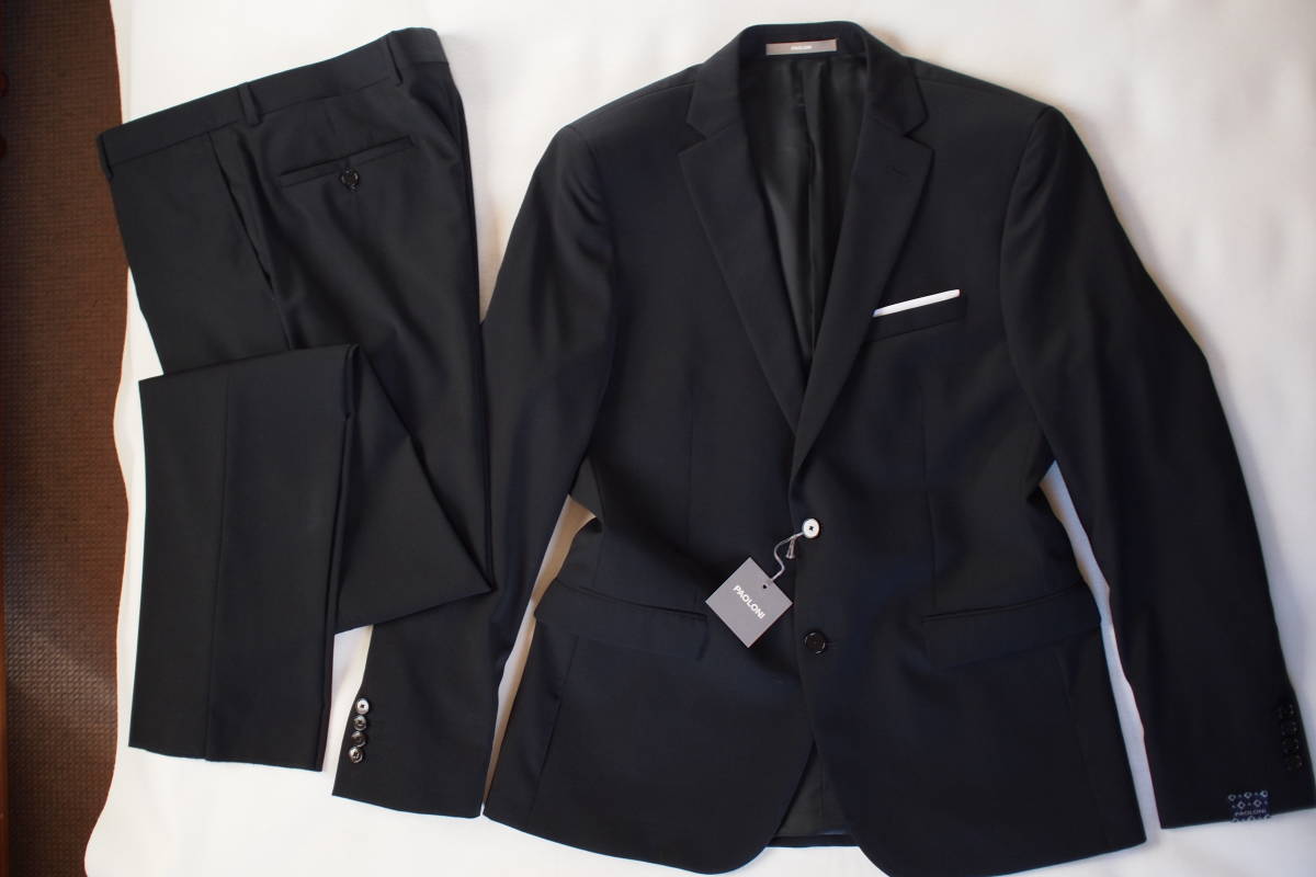 新品タグ付 イタリア パオローニ PAOLONI 春夏 バージンウール 平織り調 ブラック系 2B シングルスーツ 52サイズ(XL相当) TAGLIATORE好きに